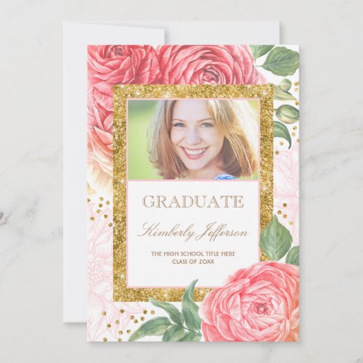 花水彩金ゴールドとピンク写真卒業 招待状 (正面)