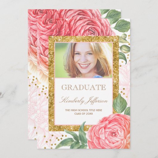 花水彩金ゴールドとピンク写真卒業 招待状 (正面/裏面)