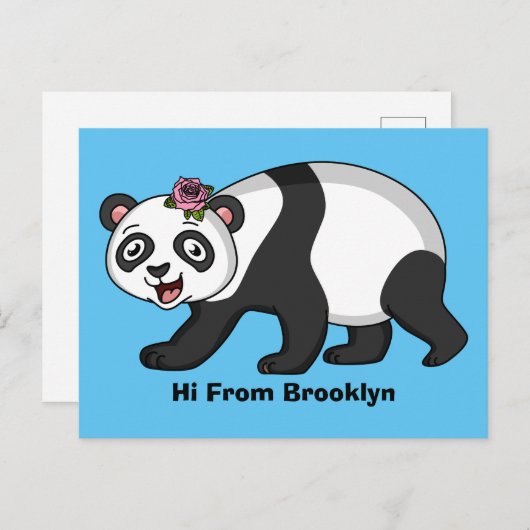 花漫画と可愛いハッピーパンダ熊 ポストカード (正面/裏面)