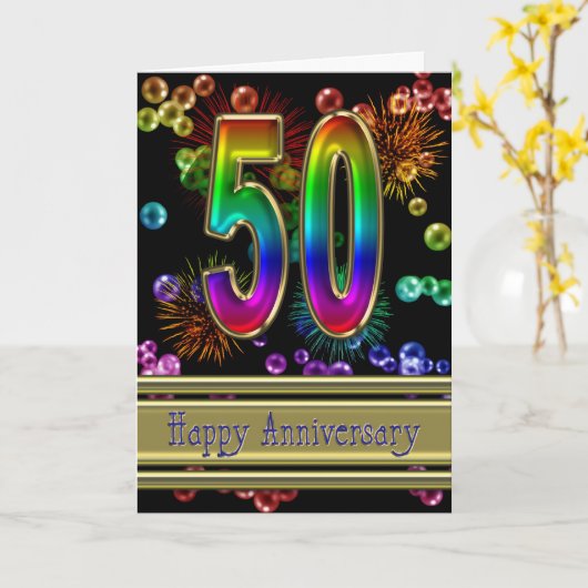花火および泡との第50記念日 カード (黄色い花)