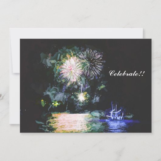 花火で船を祝う水彩画の新年 シーズンカード (正面)