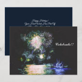 花火で船を祝う水彩画の新年 シーズンカード (正面/裏面)