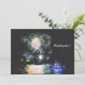 花火で船を祝う水彩画の新年 シーズンカード (スタンド正面)