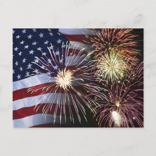 花火とアメリカ国旗 ポストカード (正面)