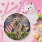 花火と愛国的なゴールデンレトリバー ペーパープレート (パーティー)