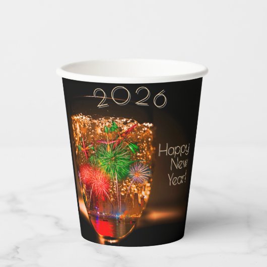花火と泡であふれる2026年の願い 紙コップ (正面)