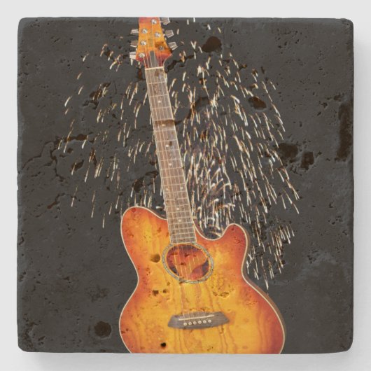 花火と金色の茶色のギター ストーンコースター (正面)