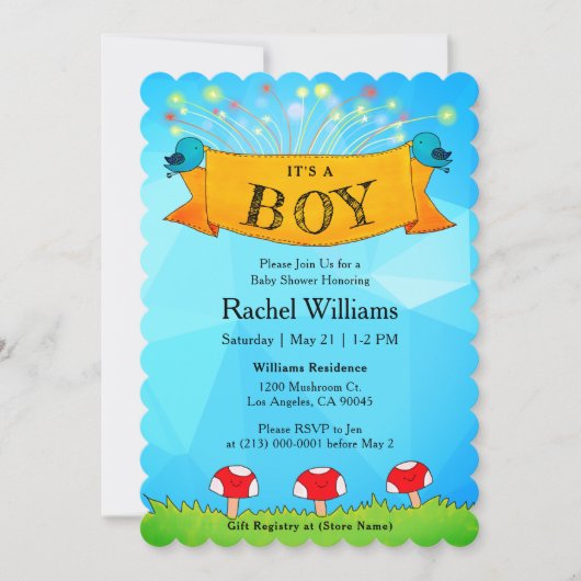 花火の赤ちゃんシャワーカード付きボーイブルー 招待状 (正面)