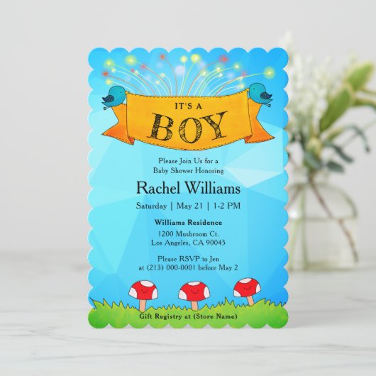 花火の赤ちゃんシャワーカード付きボーイブルー 招待状 (スタンド正面)