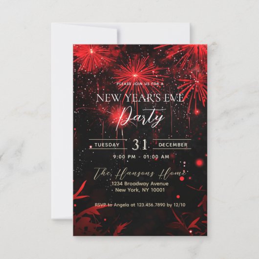 花火の赤と黒の大晦日パーティー 招待状 (正面)