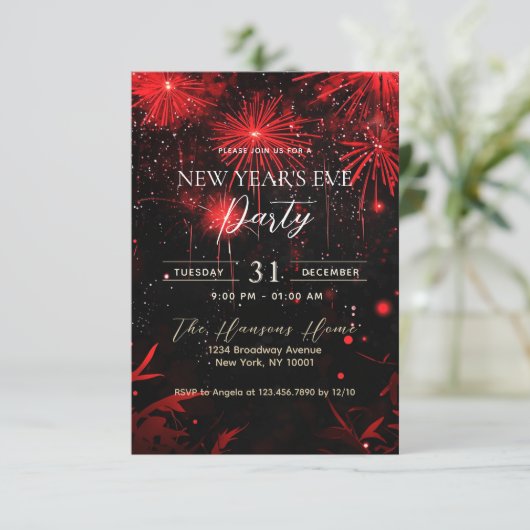 花火の赤と黒の大晦日パーティー 招待状 (スタンド正面)