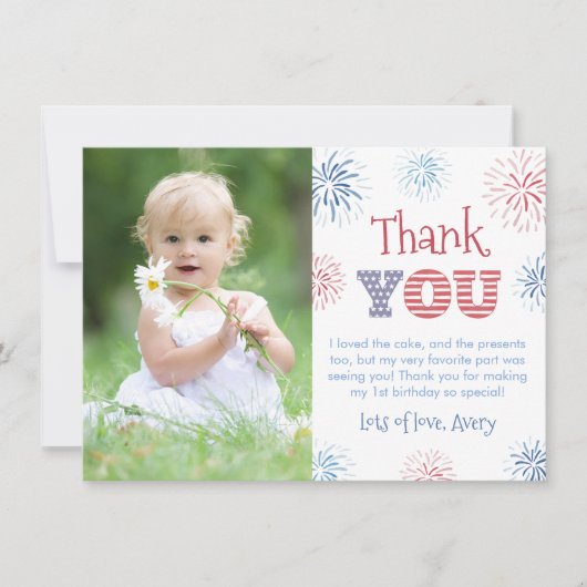 花火の7月4日ホワイトブルー写真 サンキューカード (正面)