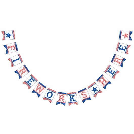 花火はこちら赤白青星付き バンティングフラッグ (全)