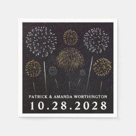 花火をテーマにしたブラック金ゴールドシルバー結婚ズのナプキン スタンダードカクテルナプキン