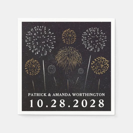 花火をテーマにしたブラック金ゴールドシルバー結婚ズのナプキン スタンダードカクテルナプキン (正面)
