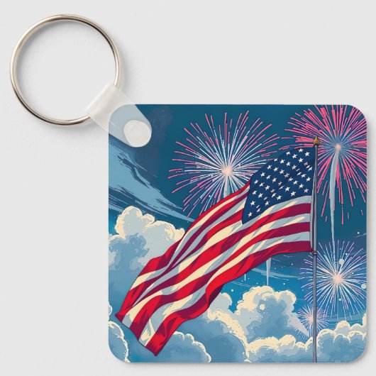 花火を使ったアメリカ愛国国旗 – 7月4日 キーホルダー (正面)