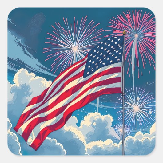 花火を使ったアメリカ愛国国旗 – 7月4日 スクエアシール (正面)