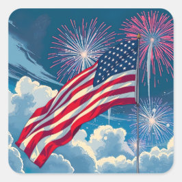 花火を使ったアメリカ愛国国旗 – 7月4日 スクエアシール