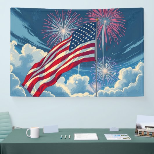 花火を使ったアメリカ愛国国旗 – 7月4日 横断幕 (トレードショー)