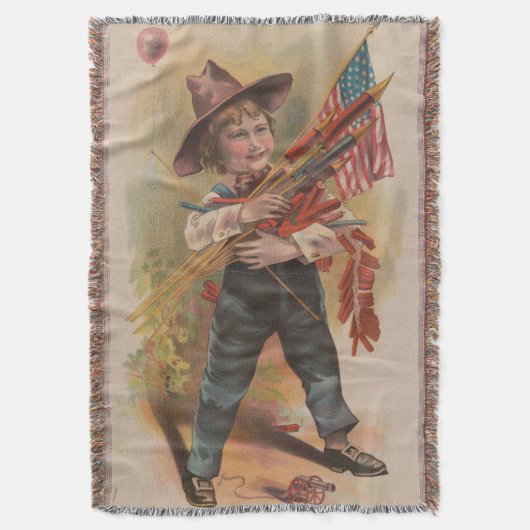 花火を持つ少年、アメリカ国旗、愛国的なプリント スローブランケット (正面縦)