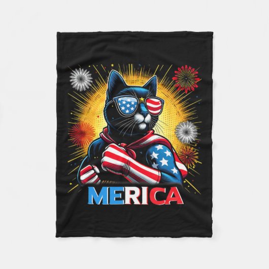 花火アメリカ国旗の愛国黒猫 フリースブランケット (正面)