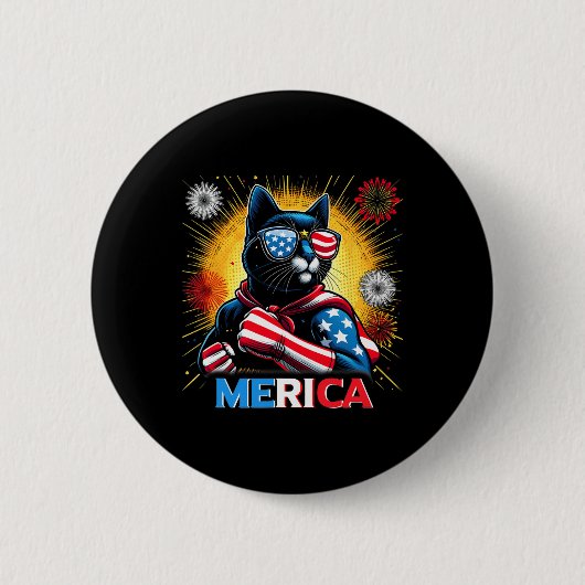 花火アメリカ国旗の愛国黒猫 缶バッジ (正面)