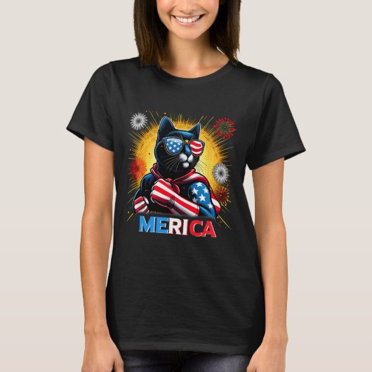 花火アメリカ国旗の愛国黒猫 Tシャツ (正面)