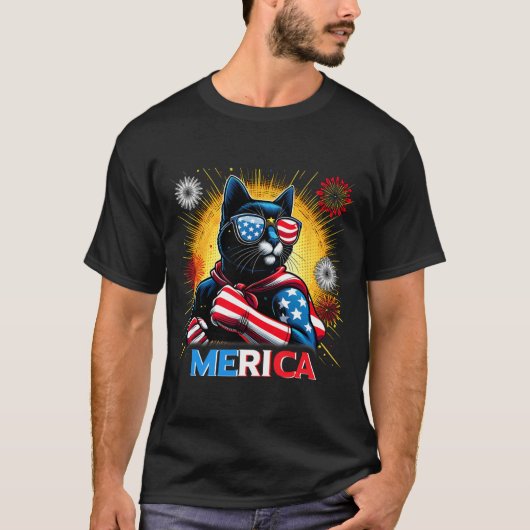 花火アメリカ国旗の愛国黒猫 Tシャツ (正面)