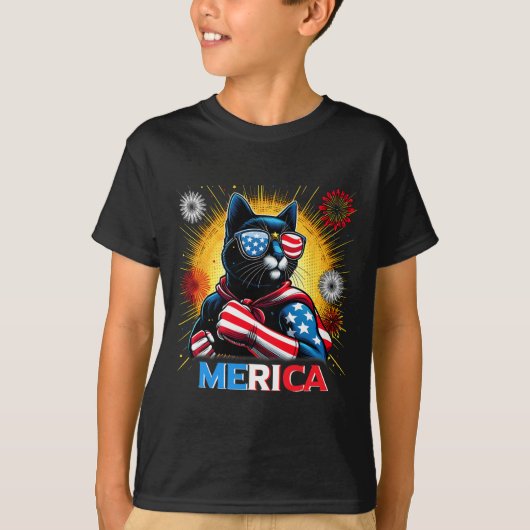 花火アメリカ国旗の愛国黒猫 Tシャツ (正面)