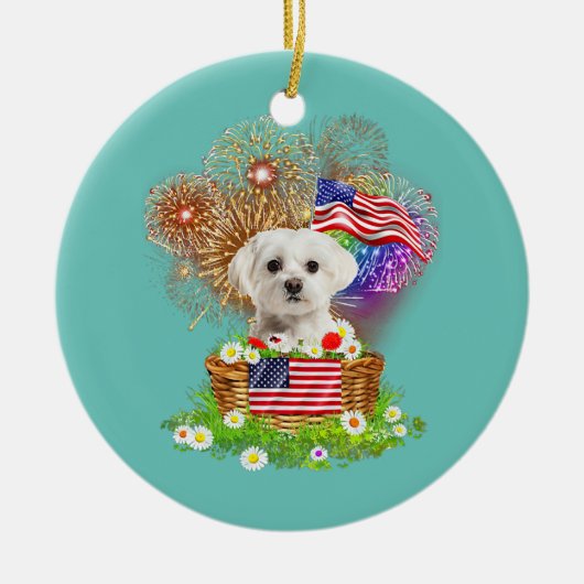 花火マルチーズ犬7月4日米国国旗 セラミックオーナメント (正面)