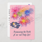 花火付き新生児女子の告知誕生 招待状 (正面/裏面)
