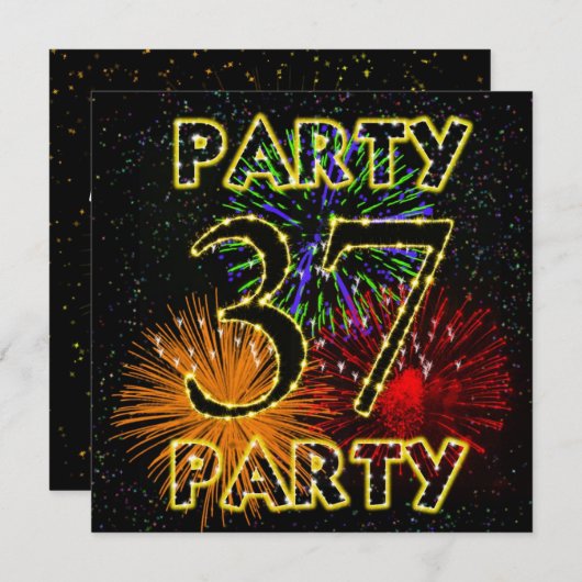 花火付き37回目の誕生日パーティーの招待状 招待状 (正面/裏面)