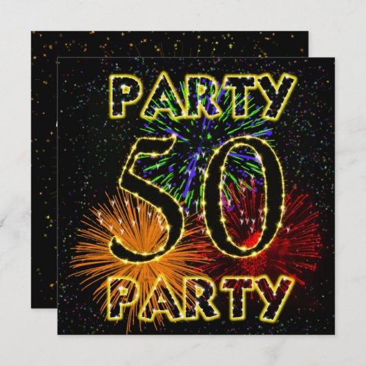 花火付き50回目の誕生日パーティーの招待状 招待状 (正面/裏面)