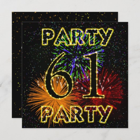 花火付き61回目の誕生日パーティーの招待状 招待状 (正面/裏面)