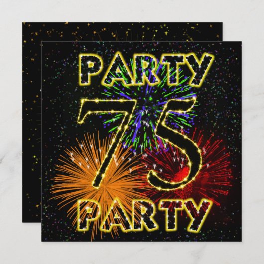 花火付き75回目の誕生日パーティーの招待状 招待状 (正面/裏面)