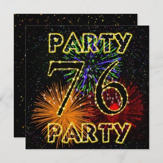 花火付き76回目の誕生日パーティーの招待状 招待状 (正面/裏面)