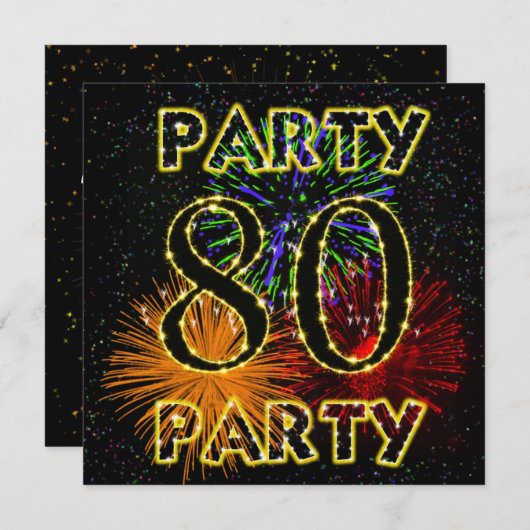 花火付き80回目の誕生日パーティーの招待状 招待状 (正面/裏面)