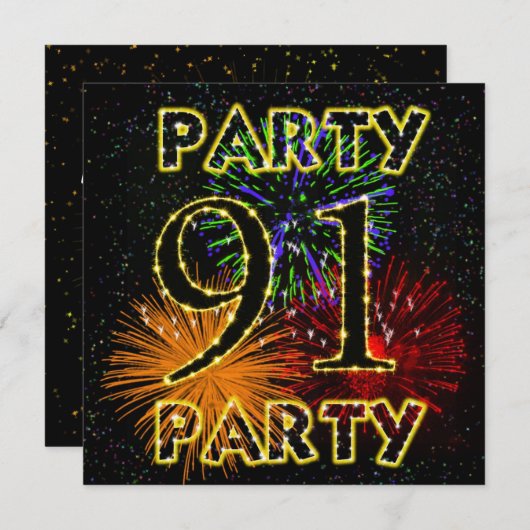 花火付き91回目の誕生日パーティーの招待状 招待状 (正面/裏面)