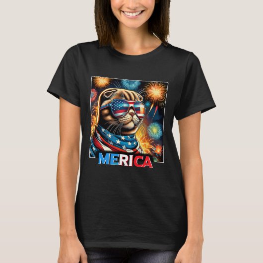 花火愛国的スコティッシュフォールド猫メリカ Tシャツ (正面)