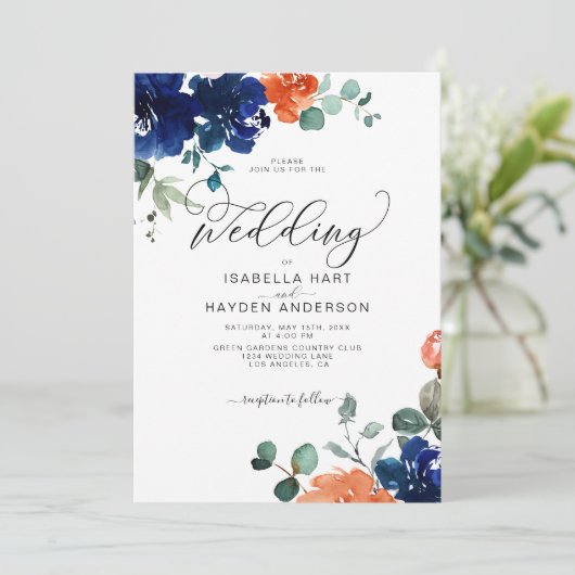 花火燃えたオレンジ色のネイビーサビ結婚フローラ 招待状 (スタンド正面)