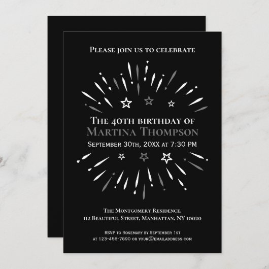 花火白黒グレー40歳の誕生日パーティー 招待状 (正面/裏面)