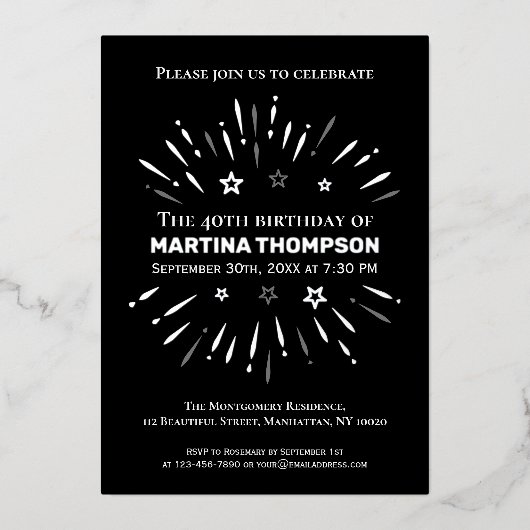 花火白黒グレー40歳の誕生日パーティー 箔招待状 (正面)