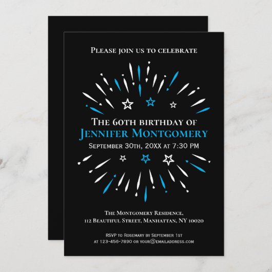 花火白黒ブルー60thバースデーパーティー 招待状 (正面/裏面)