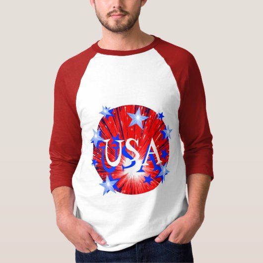 花火赤白青「USA」 3/4スリーブメンズ Tシャツ (正面)