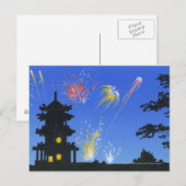 花火飾りと塔のシルエット ポストカード (正面/裏面)