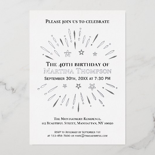 花火40th誕生日パーティー白黒グレー 箔招待状 (正面)