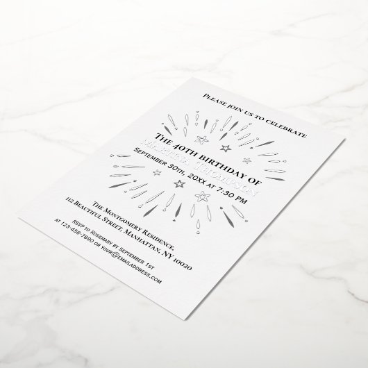 花火40th誕生日パーティー白黒グレー 箔招待状 (回転した状態)
