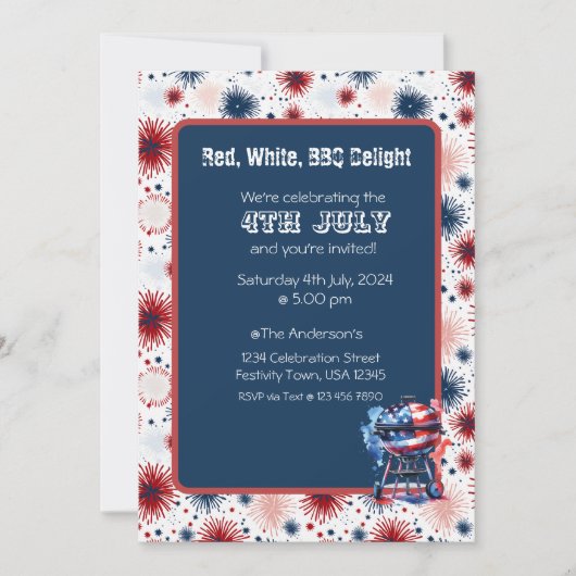 花火7月4日BBQ招待状 招待状 (正面)