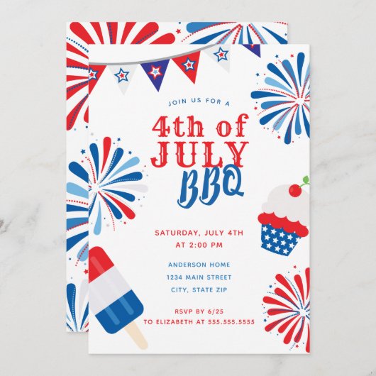 花火7月4日BBQ 招待状 (正面/裏面)