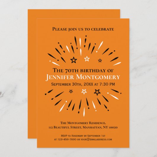 花火70thバースデーパーティー白黒オレンジ 招待状 (正面/裏面)